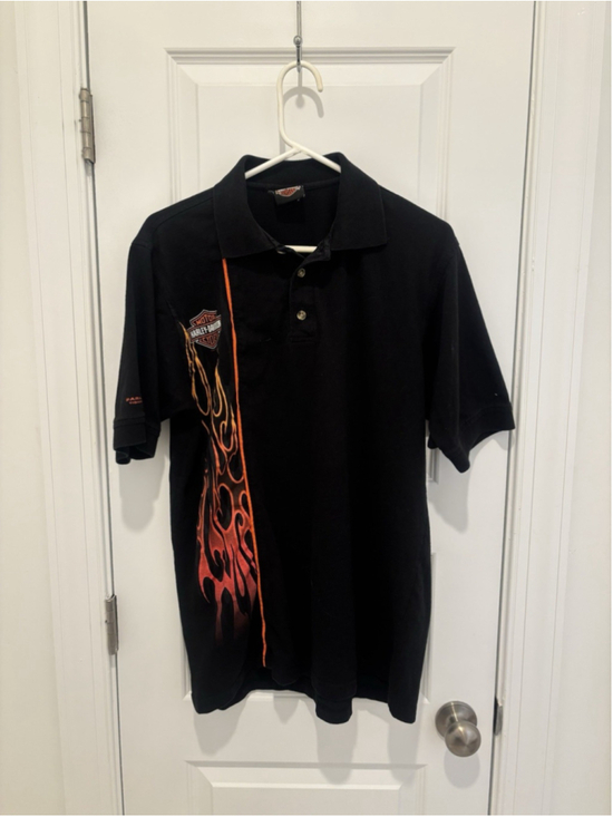 Harley-Davidson Other - Vintage Harley Davidson Flames Polo Shirt Black Graphic Embroidered Mens